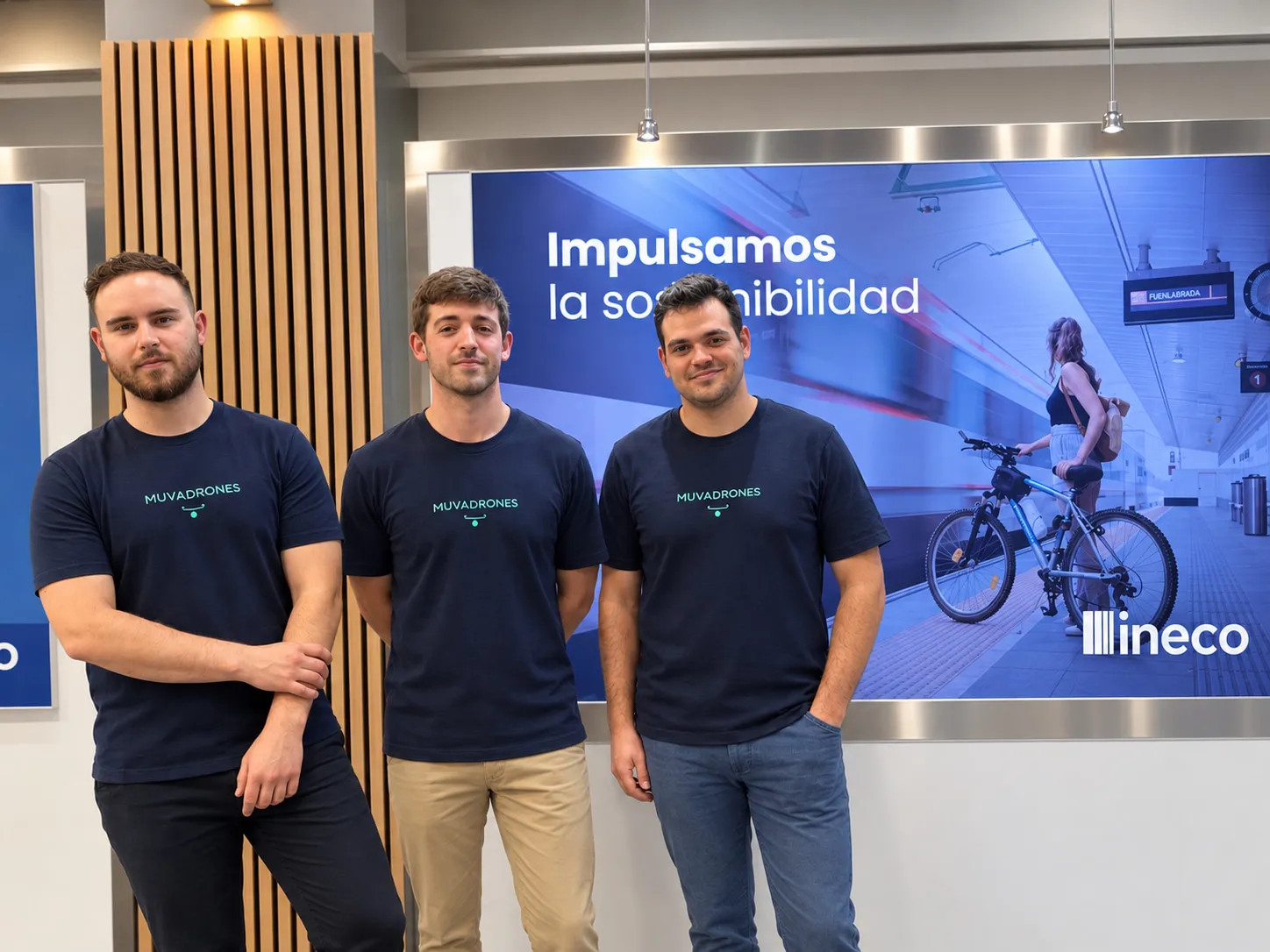 Tres miembros del equipo con camisetas de MuvaDrones en un evento