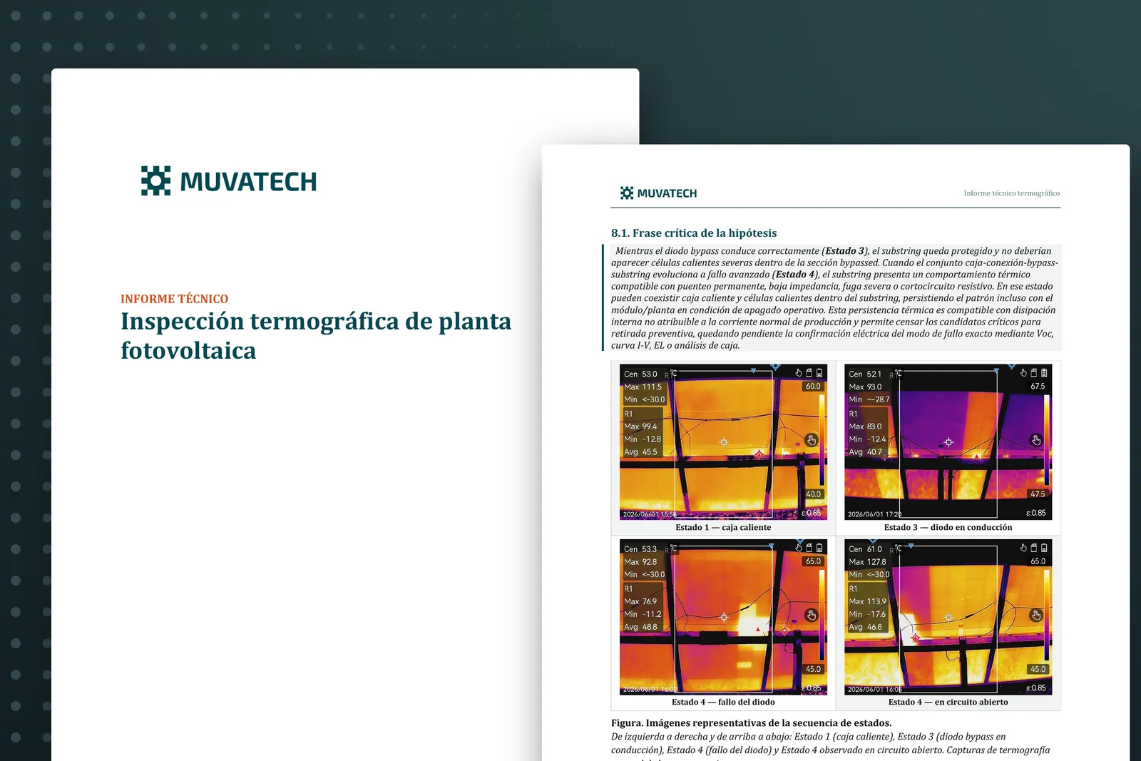 Portada y página interior de un informe técnico de inspección termográfica de MUVATECH, con cuatro termografías de módulos fotovoltaicos