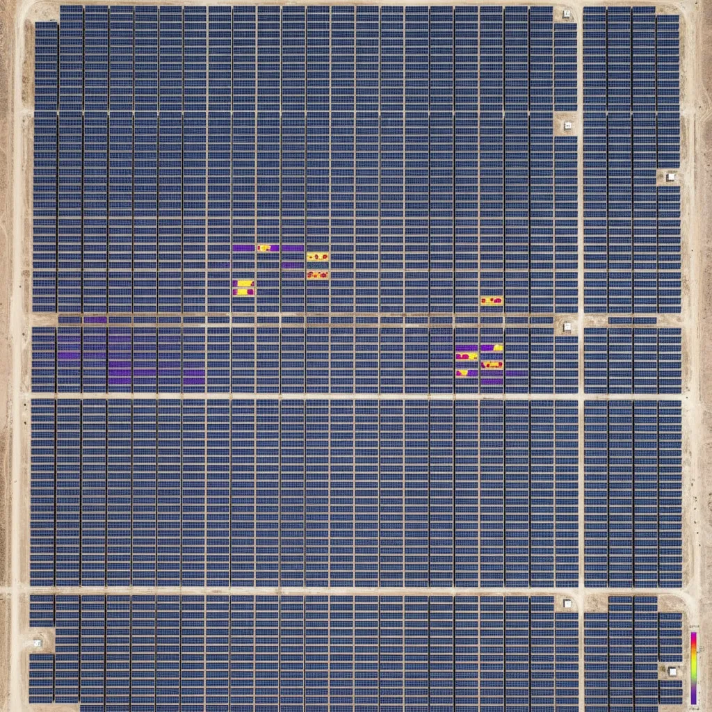 Vista aérea de una planta solar con los módulos anómalos marcados