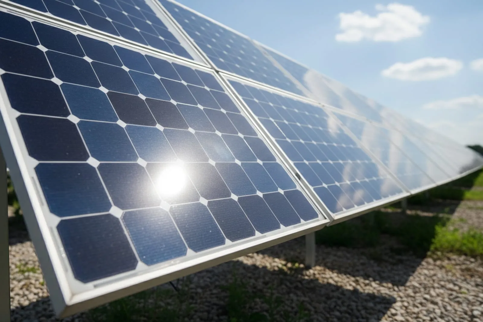 Módulos fotovoltaicos en una estructura, con el sol reflejado en el vidrio