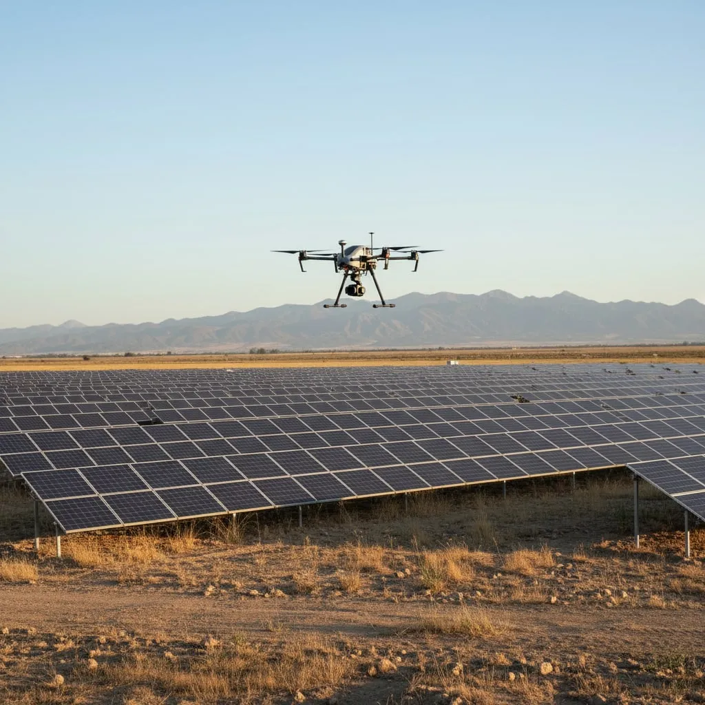 Dron sobrevolando una planta solar