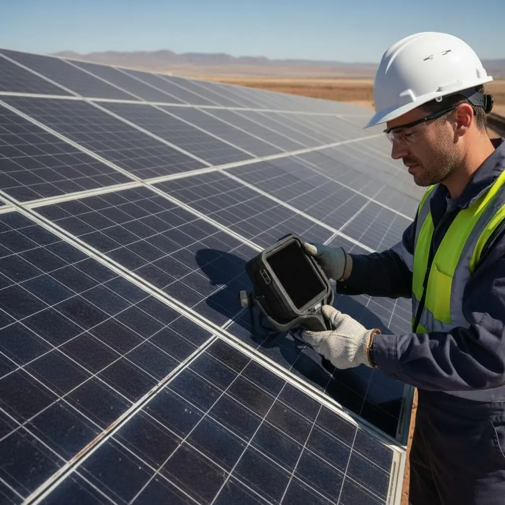 Técnico revisando módulos con una cámara termográfica de mano