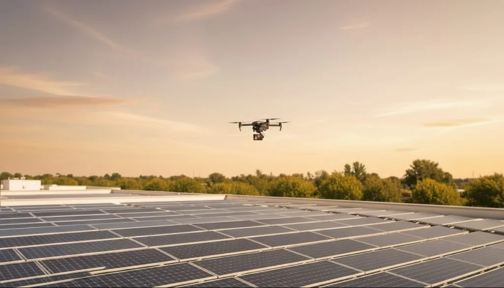 Dron sobrevolando al atardecer una cubierta cubierta de módulos