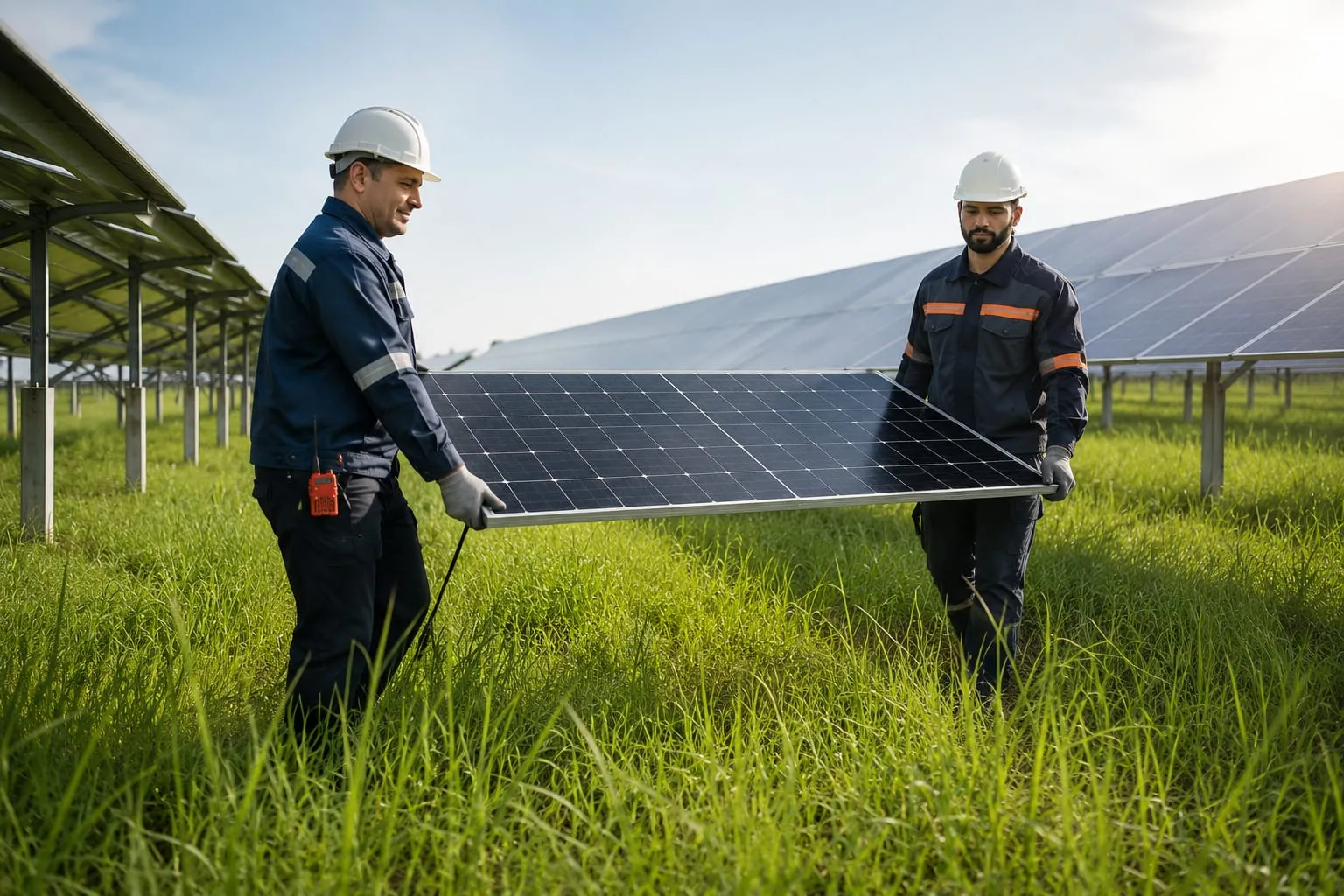Técnico transportando un módulo fotovoltaico entre las filas de la planta