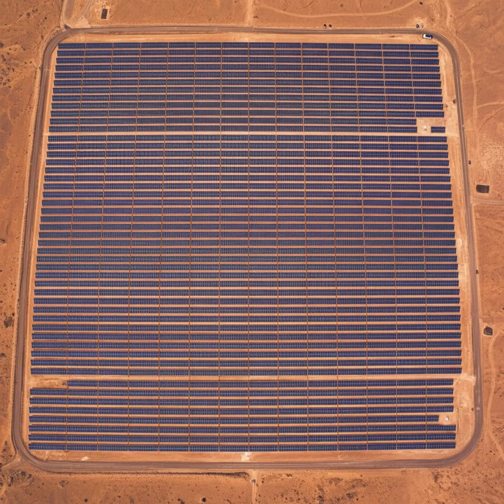 Vista cenital de una planta fotovoltaica rodeada de terreno árido