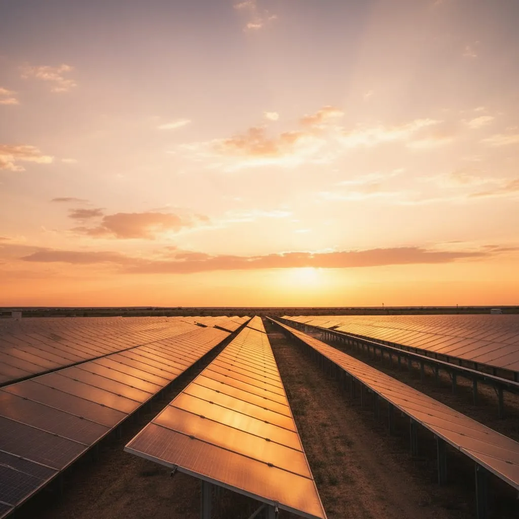 Filas de módulos de la planta al atardecer