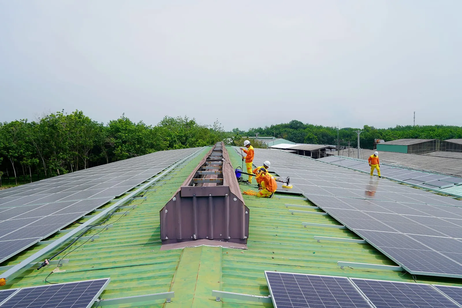 Técnicos trabajando sobre una cubierta con módulos fotovoltaicos